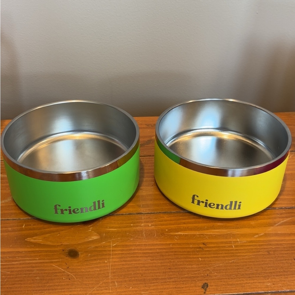 Green and Yellow Dog Feeding Bowls with Stainless Steel Interior